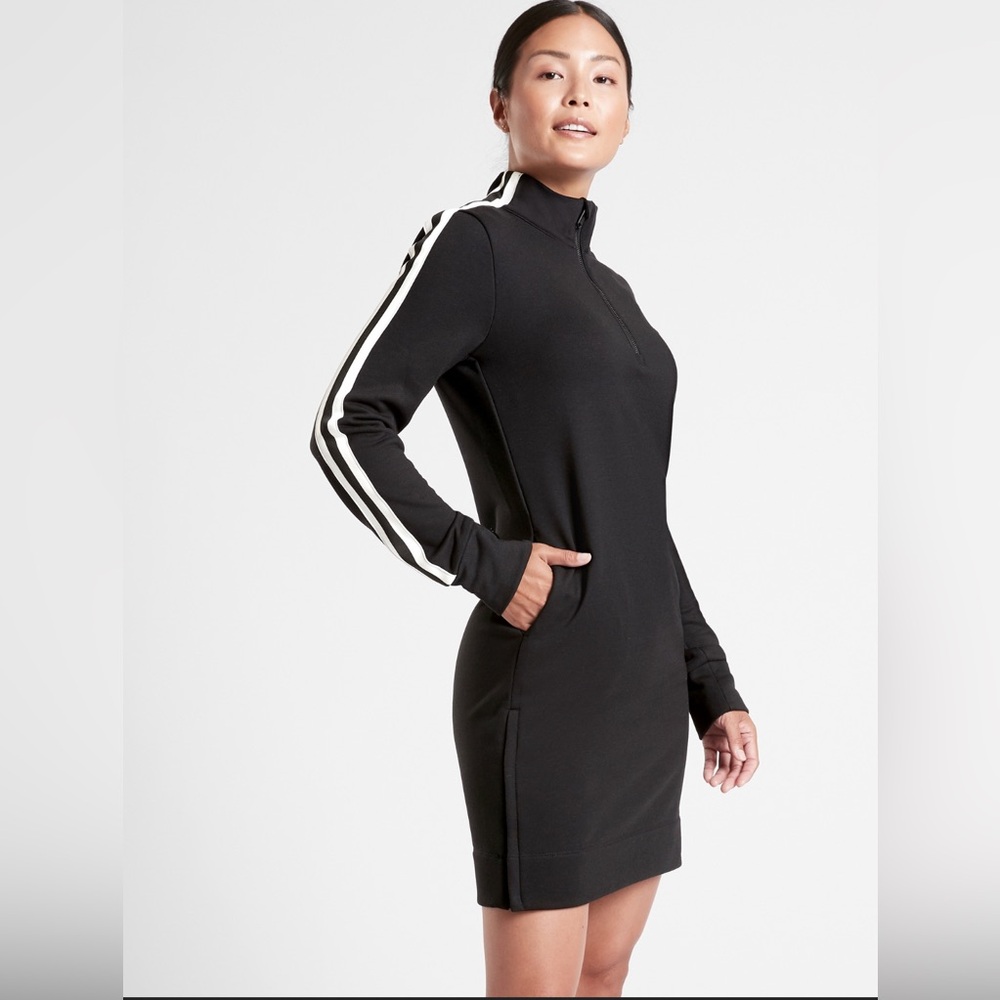 Athleta Crosstown Track Dress - Black w/White Stripes Down Arms